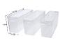 Trois bacs de rangement transparents mesurant 32x10x14 cm.