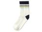 Une seule chaussette blanche avec des rayures noires, vertes et bleues et un talon noir.