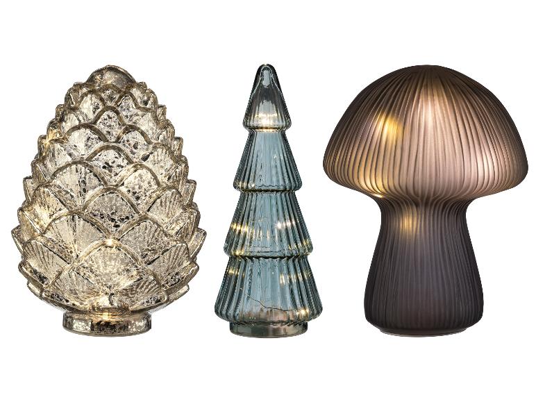 Décorations d'hiver en verre LED LIVARNO home : pomme de pin, sapin et champignon.