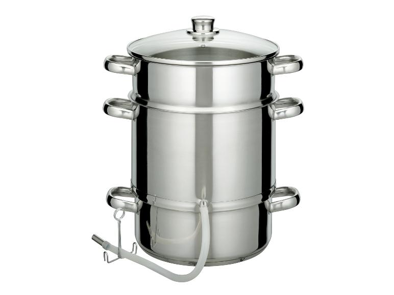 Presse-purée et faitout inox avec couvercle en verre.