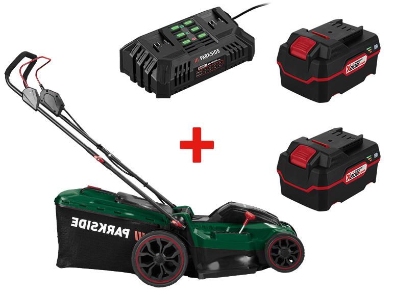 Tondeuse à gazon Parkside avec deux batteries et chargeur.