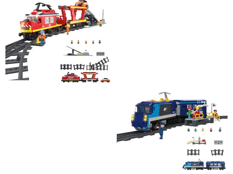 Deux ensembles de trains jouets avec rails, figurines et accessoires.