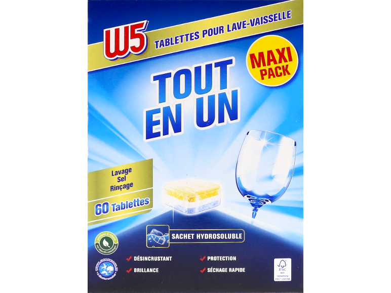 Tablettes pour lave-vaisselle, tout en un, 60 tablettes, sachet hydrosoluble.