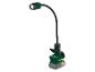 Lampe de travail LED avec bras flexible et base de batterie, au design vert et noir.