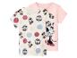Deux t-shirts à manches courtes pour enfants: un blanc avec un motif Minnie Mouse et des pois, et un rose avec un grand imprimé Minnie Mouse.