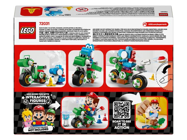 Boîte de jouets avec un dinosaure vert et bleu sur une moto, avec des figurines interactives.