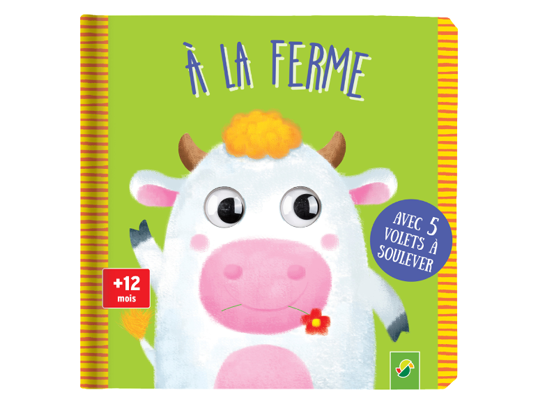 Livre pour enfants avec cinq volets, 'À la ferme', avec une vache mignonne.