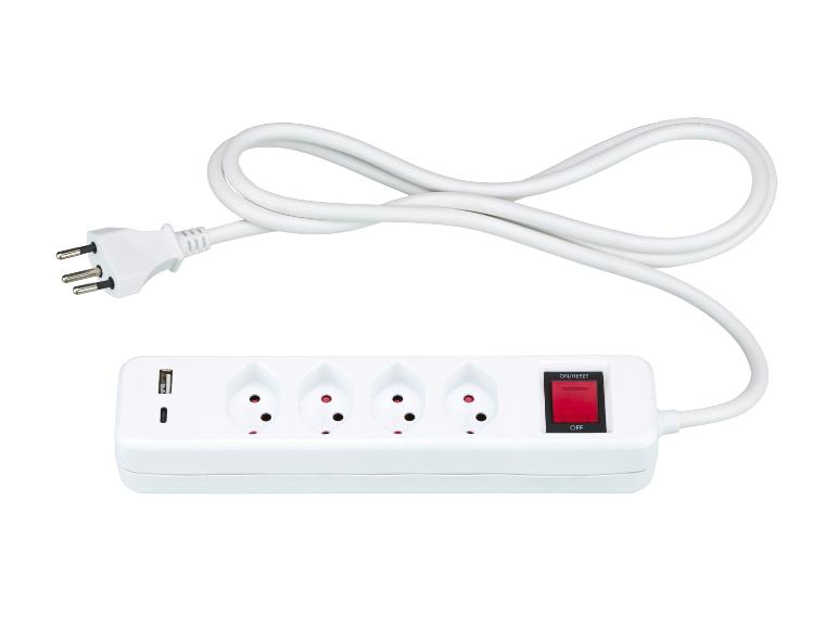 Multiprise blanche avec quatre prises, deux ports USB et un interrupteur rouge marche/arrêt.