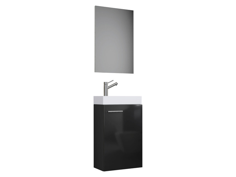 Un meuble de salle de bain noir avec un lavabo, un miroir et un robinet.