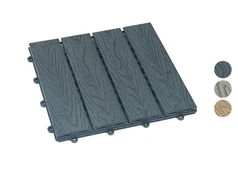 Dalles de terrasse gris effet bois avec texture grain de bois et échantillons de couleurs.