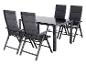 Ensemble de salle à manger d'extérieur avec table noire et quatre chaises pliantes gris foncé.