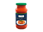 Sauce pour pâtes alla Romana dans un bocal en verre avec couvercle vert, avec une image de pâtes.