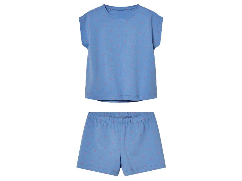 Ensemble haut et short bleu à pois rose.