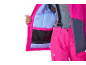 Ensemble de ski rose vif pour femme, avec veste ouverte et pantalon à bretelles.