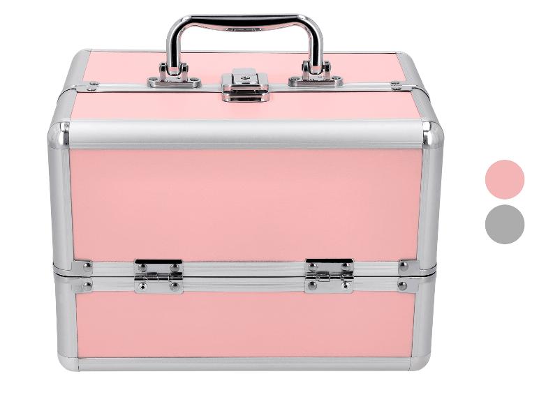 Mallette de maquillage rose avec détails et fermoirs argentés