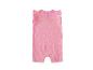 Barboteuse rose pour bébé avec imprimé soleil jaune et manches à volants.