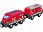 Train de pompiers jouet rouge avec deux wagons, un avec une échelle, sur fond blanc.