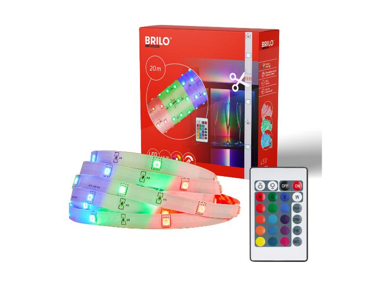 Bande LED RGB de 20m avec télécommande, emballage rouge avec détails du produit.