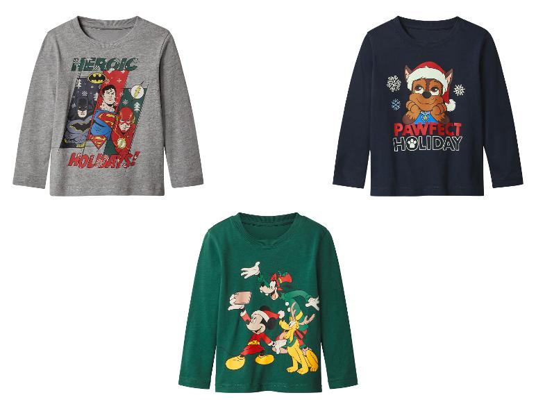 Trois t-shirts de Noël à manches longues pour garçons : Justice League, Pat' Patrouille et Mickey Mouse.