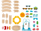 Ensemble de jouets en bois sur le thème marin avec rails, train, animaux et perles.