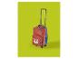 Valise à roulettes pour enfants rouge rouille avec un motif de visage de renard et des accents bleus.