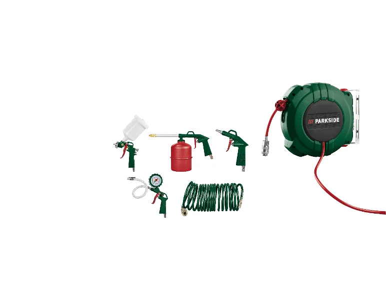 Kit d'outils pneumatiques Parkside avec enrouleur de tuyau.