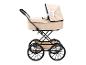 Poussette de poupée beige avec nœud blanc et roues noires