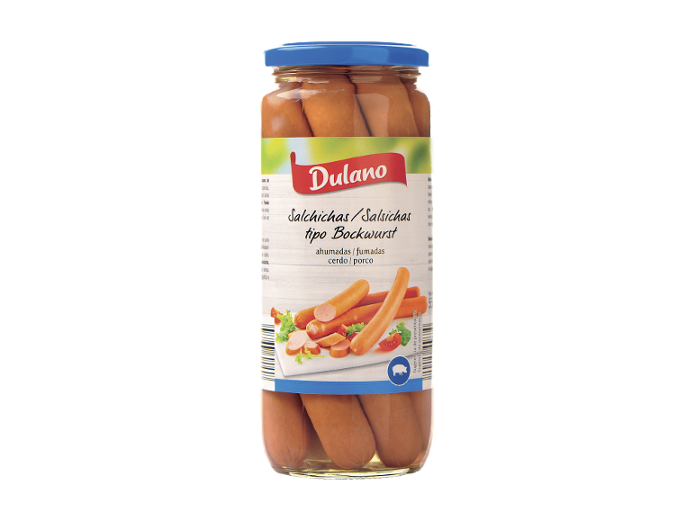Bocal de saucisses de type Bockwurst fumées de porc.