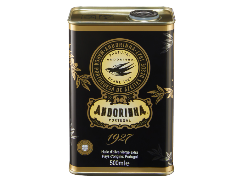 Bidon noir et doré d'huile d'olive vierge extra avec logo hirondelle et branches d'olivier.