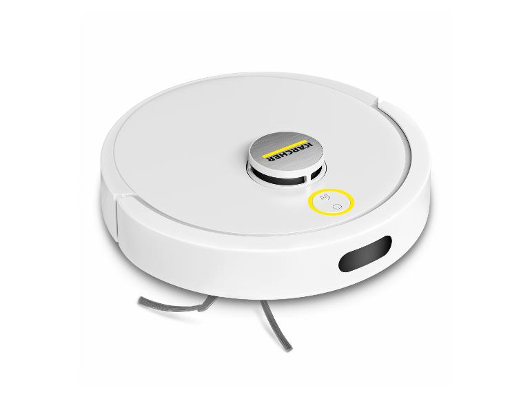 Aspirateur robot blanc avec bouton d'alimentation jaune et accent argenté