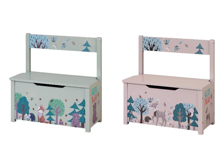 Deux coffres à jouets en bois en forme de banc, décorés d'animaux de la forêt.