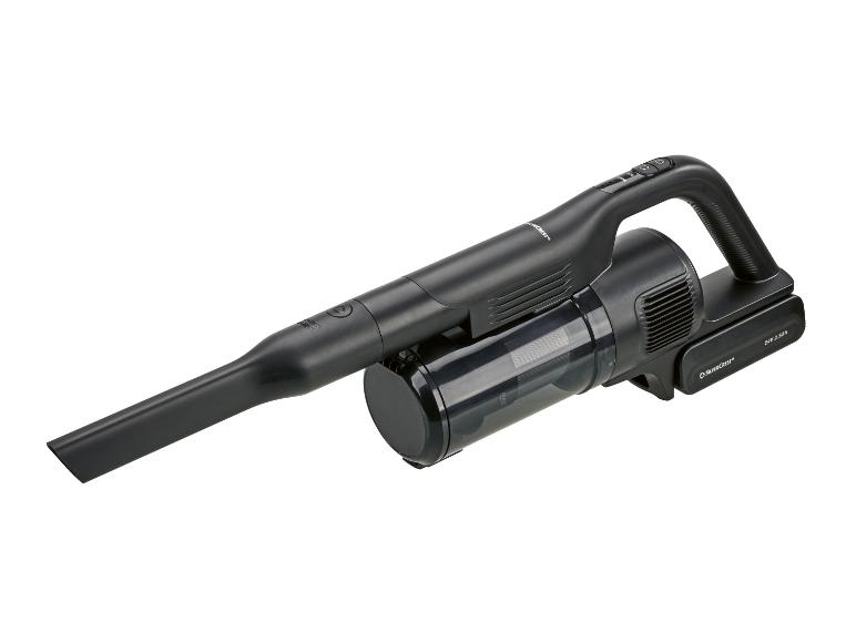 Aspirateur à main sans fil noir avec batterie 24V 2.5Ah et bac à poussière transparent.