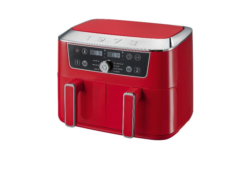 Friteuse à air rouge à double panier avec affichage numérique montrant 180°C et divers modes de cuisson.