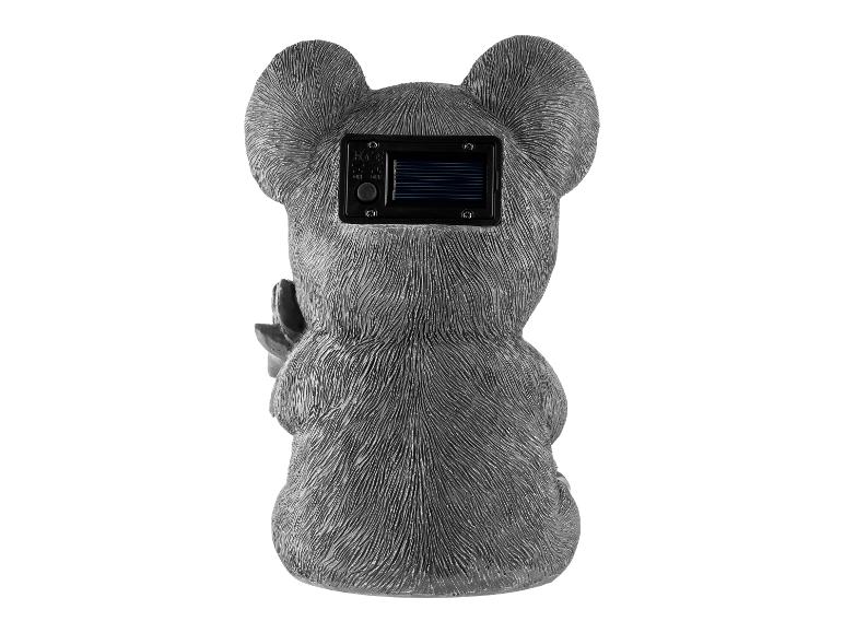 Ornement de jardin lumineux solaire koala, vue arrière avec panneau solaire et interrupteur marche/arrêt.