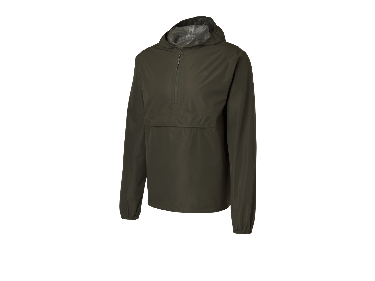Une veste coupe-vent légère à capuche, de couleur vert olive foncé.