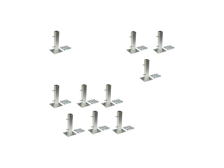 Multiples supports de poteaux métalliques avec manchons carrés et boulons d'ancrage.