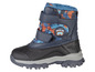 Une botte d'hiver bleue avec un imprimé camouflage et le logo 'Winter Fun'.