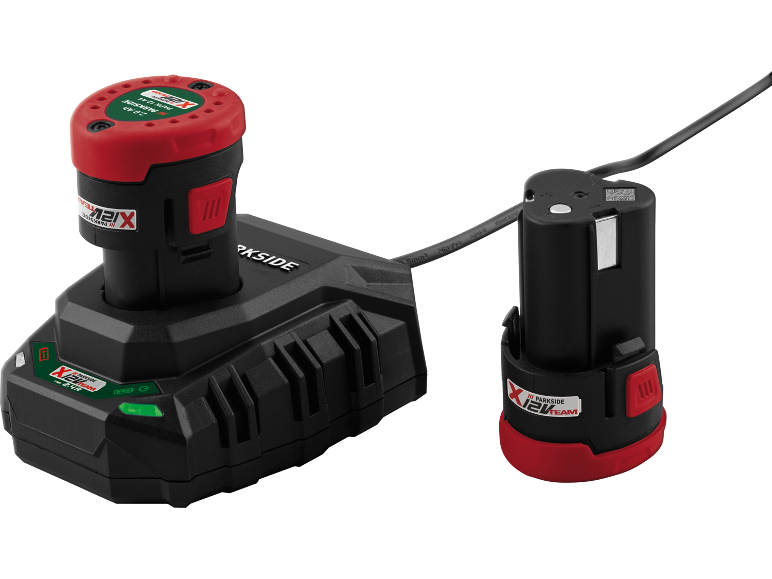 Chargeur de batterie et deux batteries 12V pour outils électriques, une en charge.