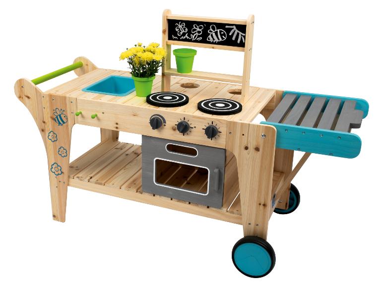 Cuisine de jeu en bois avec four, cuisinière et évier sur roues.