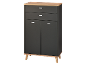 Commode moderne gris foncé avec tiroirs et portes, plateau et pieds effet bois clair