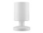 Une lampe de table cylindrique blanche avec un pied rond.