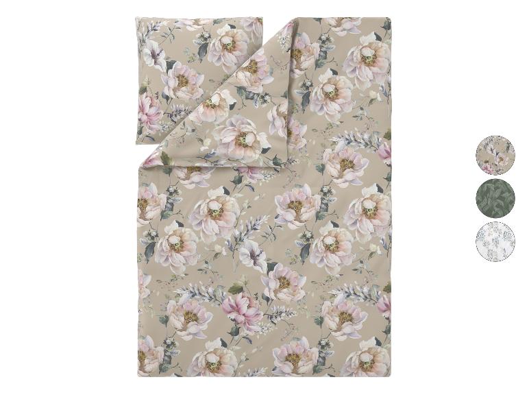 Parure de lit à motif floral beige, avec trois échantillons de couleur.