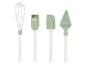 Un fouet, un pinceau en silicone, une spatule et une spatule à gâteau de couleur menthe.