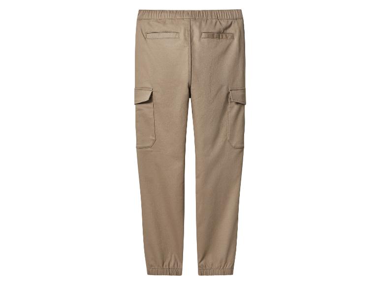Pantalon cargo beige avec taille élastique et chevilles élastiquées.