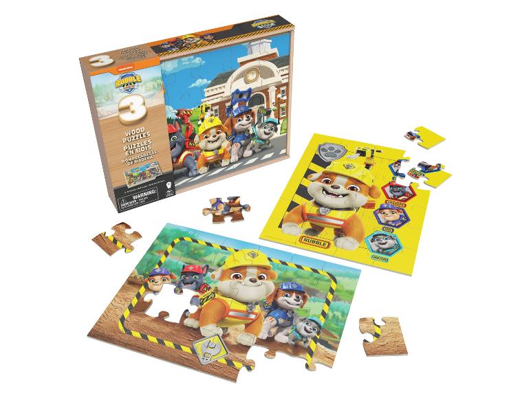 Ensemble de trois puzzles en bois sur le thème du chantier et des personnages de chiots.