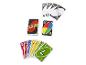 Cartes de jeu UNO de Mattel avec pioche, carte joker et éventail de cartes colorées avec chiffres.