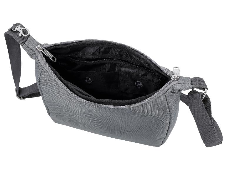 Sac à bandoulière gris avec fermeture éclair ouverte, montrant les compartiments internes et le logo RFID.