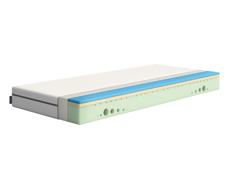 Un matelas Emma avec une coupe transversale montrant ses différentes couches.