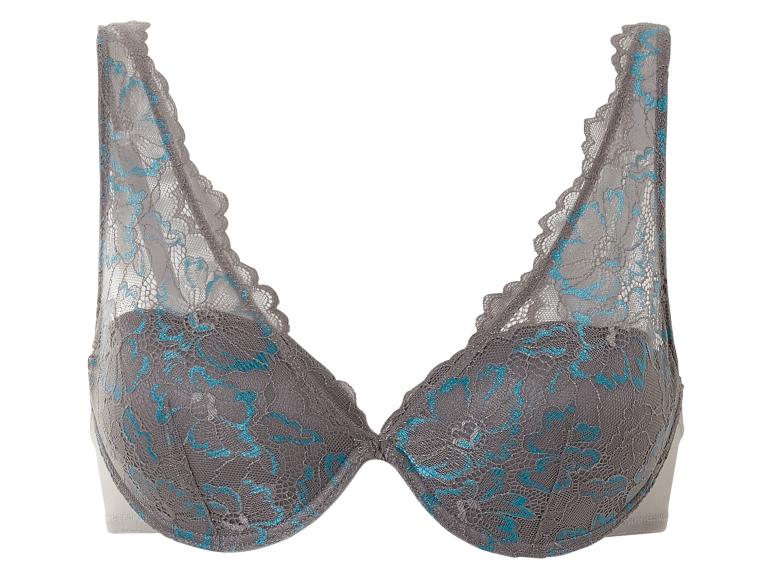 Un soutien-gorge gris avec un motif floral bleu.