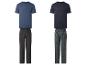 Deux ensembles de pyjamas pour hommes: t-shirt bleu avec pantalon gris foncé et t-shirt bleu foncé avec pantalon à motifs.